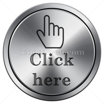 Click here icon imitating metal with carved design. Round icon with border. - Website icons