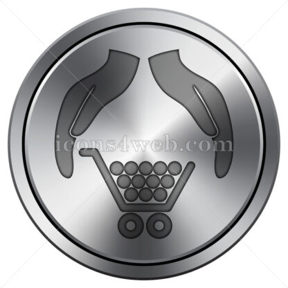 Consumer protection, protecting hands icon. Round icon imitating metal. - Website icons