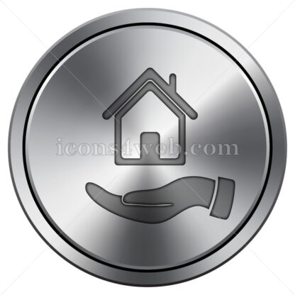 Hand holding house icon. Round icon imitating metal. - Website icons
