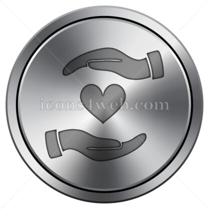 Hands holding heart icon. Round icon imitating metal. - Website icons