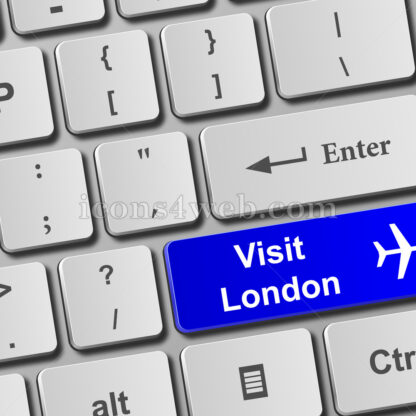 Visit London keyboard button. Buy online tickets concept to visit London - Website icons