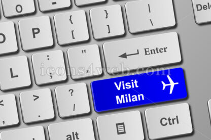 Visit Milan blue keyboard button. Buy online tickets concept to visit Milan - Website icons