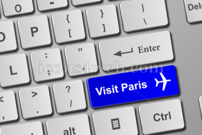 Visit Paris blue keyboard button. Buy online tickets concept to visit Paris - Website icons