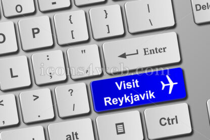 Visit Reykjavik keyboard button. Buy online tickets concept to Reykjavik - Website icons