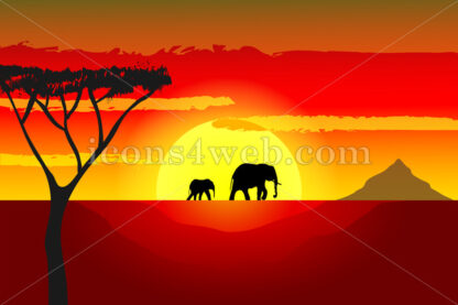 African sunset vector with elephants vector illustration - Website icons