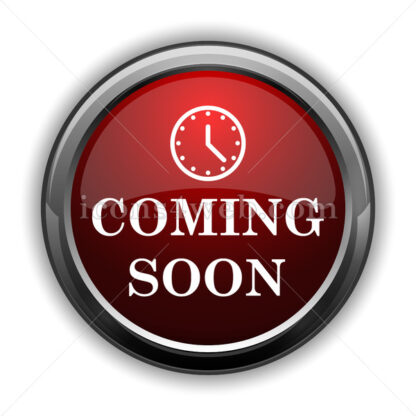 Coming soon icon. Red glossy web icon with shadow - Icons for website
