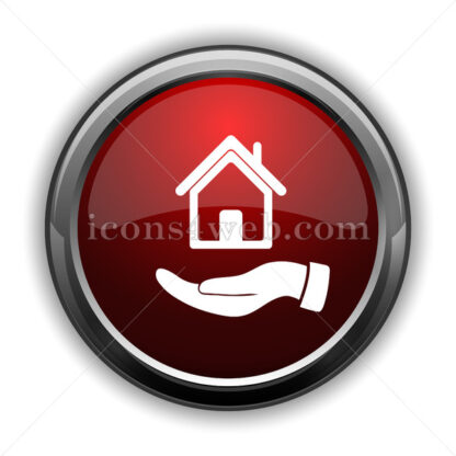 Hand holding house icon. Red glossy web icon with shadow - Icons for website