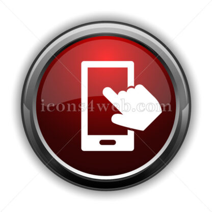 Smartphone with hand icon. Red glossy icon with shadow - Icons for website