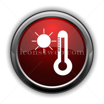 Sun and thermometer icon. Red glossy web icon with shadow - Icons for website