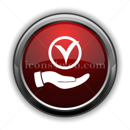 Tick with hand icon. Red glossy web icon with shadow - Icons for website
