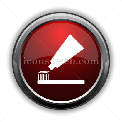 Tooth paste and brush icon. Red glossy icon with shadow - Icons for website