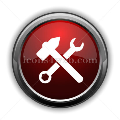Wrench and hammer. Tools icon. Red glossy web icon with shadow - Icons for website