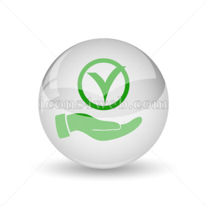 Tick with hand glossy icon. Tick with hand glossy button - Website icons