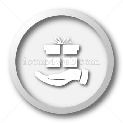 Hand with gift white icon. Hand with gift white button - Website icons